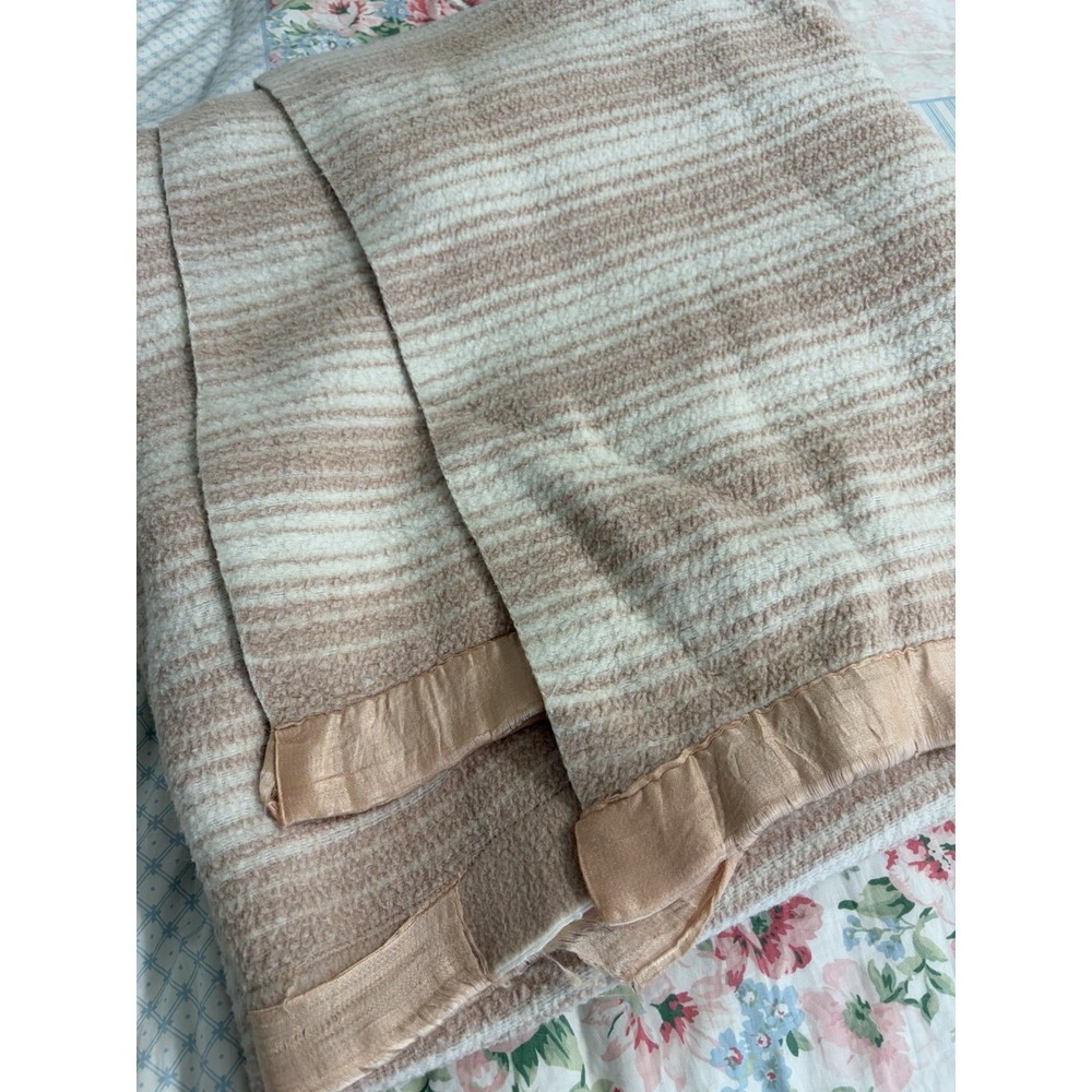 Vintage Mauve Pink Stripe Nubby Cotton Camp Blanket 82" x 72" Satin Trim FLAWS